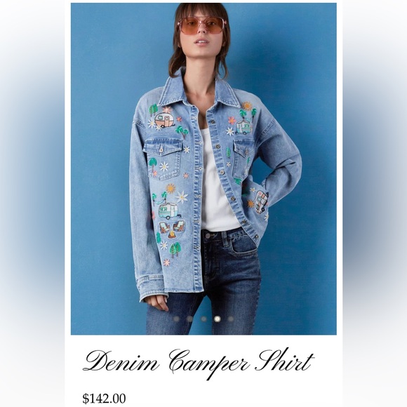 Billy T Denim Happy Camper Embroidered Shirt Shacket Overshirt MSRP $142 - Picture 2 of 16